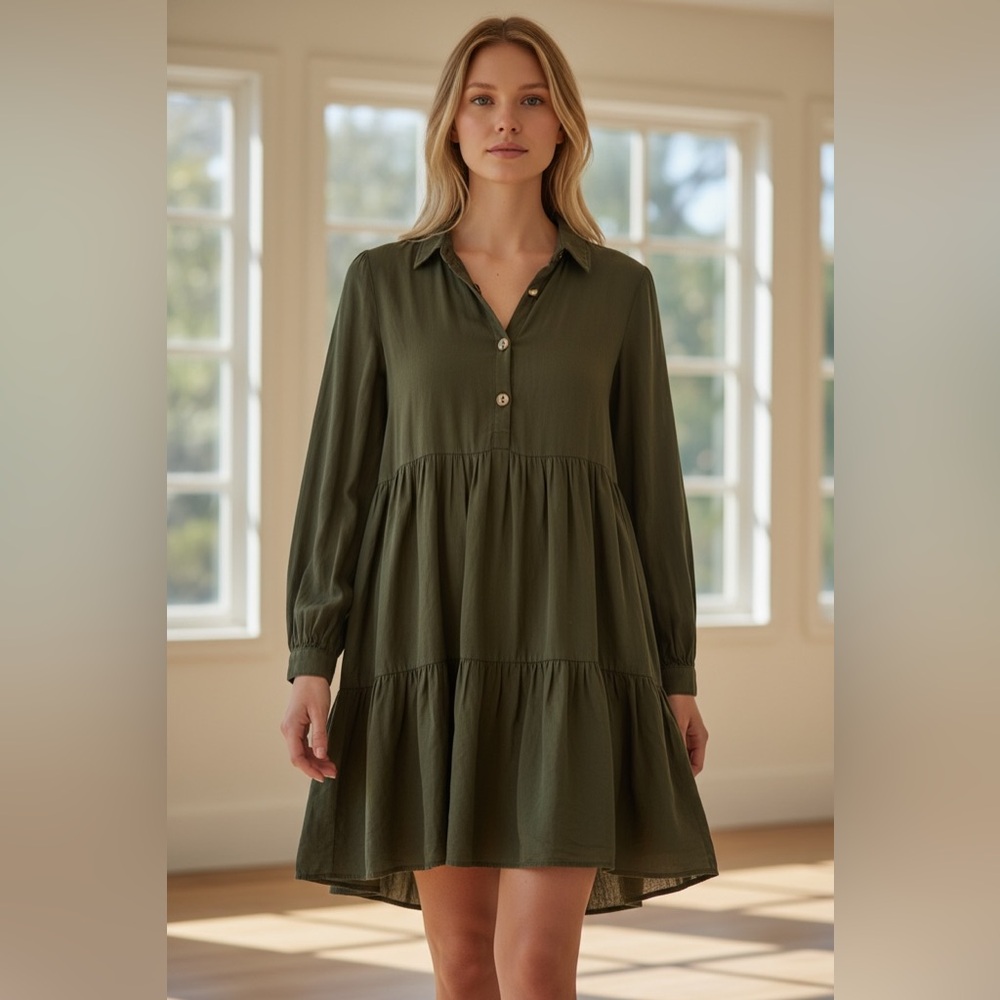 Zara Olive Green Tiered Babydoll Dress